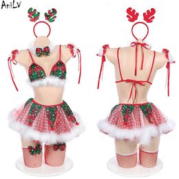 Ani Christmas Tree Bling Snowflakes Miss Cupcake Skirt Pamas Uniform Set Costume Women Sexy Red Green Plaid Lingerie Cosplay cosplay