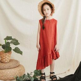 Girl Dresses Kids Dress Summer Baby Irregular Sleeveless Vest For Children Japanese Style Cotton Linen Ruffle Princess