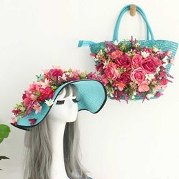 Luxury Handmade Straw Bag For Women Summer Rattan Bags 2021 New Beach Bag Pink Ribbon Flower Handbags With Sun Hat Set 230401