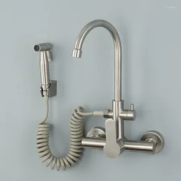 Kitchen Faucets Brushed Nickel Wall Sink Faucet With Bidet Sprayer Shower Head Stainless Steel Swivel Dual Hole Cold Water Mixer Tap