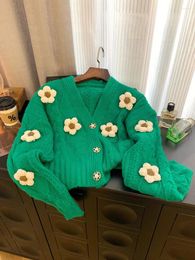 Women's Knits Autumn Winter Women Green Cardigans Loose Bohemian Preppy Style Sweet Flower Sweater Single Breasted Oversize Harajuku Jumper