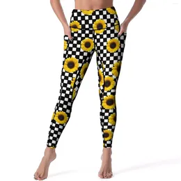 Women's Leggings Sunflower Yoga Pants Sexy Black And White Cheque Graphic Push Up Fitness Gym Leggins Female Cute Stretch Sports Tights