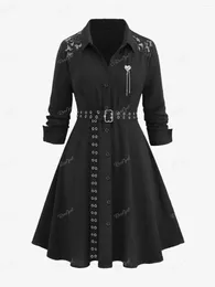 Casual Dresses ROSEGAL Plus Size Women's 2023 Autumn Winter Floral Lace Shoulder Ruched Button Buckle Belt Lapel Dress Black Vestid