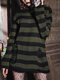 Women's Sweaters Purple Striped Gothic Women Ripped Holes Loose Knitted Pullover Frayed Fairy Grunge Jumpers Emo Streetwear Lolita