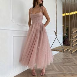 Party Dresses Sexy Sweetheart Spaghetti Straps Sandy Pink Bead Sequin Pocket Tulle A-line Prom Formal Evening Dress Vestido Formatura