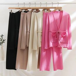 Women's Two Piece Pants Knitted Sets 2 Women V Neck Sweater Cardigan Suit Lace Up Jumpers Coats Female Clothes 2023 Fashion Knitwear Outfits