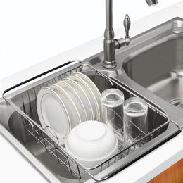 Kitchen Storage Sink Dish Drain Rack Steel Drying Basket Rustproof Single-Layer Scalable Fruit Filter Drainer Accessories