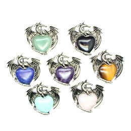 Mini Edition Antique Flying Dragon Love Pendant Natural Crystal Stone Necklace Alloy Small Jewelry Friendship Gift