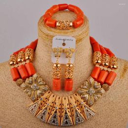Necklace Earrings Set Short Neck Nigeria Wedding Jewellery Orange Natural Coral African Bridal Accessories AU-476