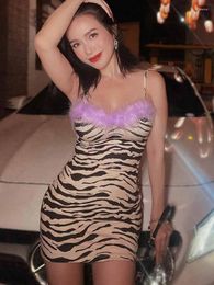 Casual Dresses Sexy Dress Mini Spaghetti Strap Fur Patchwork Zebra Pattern Bodycon Club Party Outfits Women Vestidos