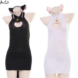 Ani Anime Charming Cat Girl Halter Backless Dress Swimsuit Uniform Costume Cute Bell Tail Swimwear Set Pool Party Cosplay cosplay