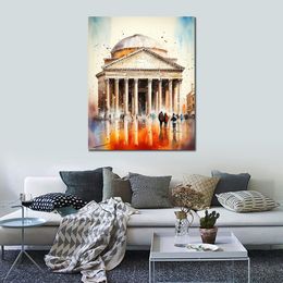 World Famous Building Pantheon Italy Modern Colorful Pencil Script Art Canvas Print Picture Poster for Office Room Wall Decor