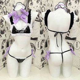 Ani Kawaii Girl Anime PU Leather Ruffles Bikini Costume Women Purple Bow Lolita Maid Uniform Pamas Underwear Set Cosplay