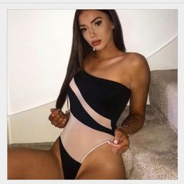 Women's Jumpsuits & Rompers Summer 2023 Womens Bodysuit Contrast Stitching Slim Sexy Mesh Gauze Black Women Romper Jumpsuit