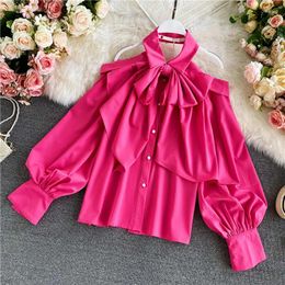 Women's Blouses French Style Light Mature Off Shoulder Shirt Long Sleeve Fashion Loose Bow Sexy Hanging Neck Top