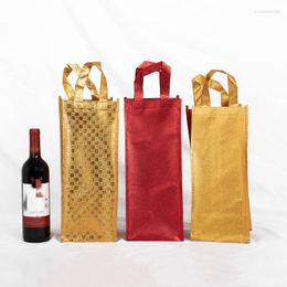 Gift Wrap 10PCS Non-woven Gold Checkered Double Single Bottle Red Wine Bag Film Covering Hand Handle Pouch Champagne Drink Beer Bags