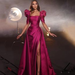 Elegant Fuchsia Mermaid Evening Formal Dress Square Neck Satin Silt A-line Birthday Party Gown Prom Dresses 2024 Robe De Soiree Vestidos De Fieast