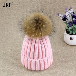 Beanies Beanie/Skull Caps JKP 2023 Style Natural Real Fur Braid Ball Hat Boys And Girls Knitted Warm Baby Cotton Hats Outdoor