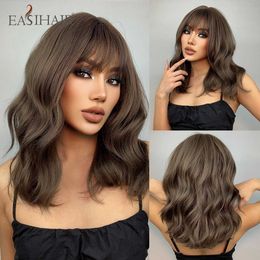 Synthetic Wigs Easihair Brown Wavy Short Bob Wigs for Women with Bangs Synthetic Medium Length Cute Daily Natural Hair Wig Heat Resistant 230227