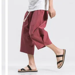 Men's Shorts Men Cotton Linen Solid Color Elastic Waist T Hip-hop Breathable Casual 3/4Pants Japanese And Korean Yoga Pants