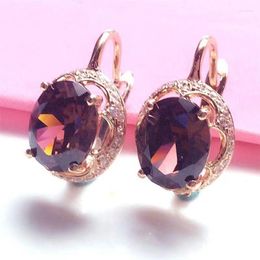 Dangle Earrings 585 Purple Gold Plated 14K Rose Inlaid Oval Ruby For Women Glamour Graceful Engagement Wedding Jewelry Gift