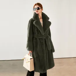 Women's Fur 2023 Season Warm Big Polo Collar Waist Long Coat Plush Fashion Casual Comfortable Clothing