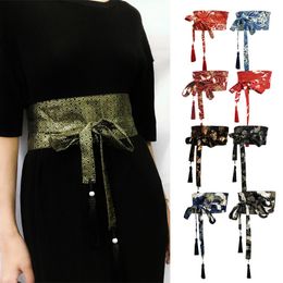 Ethnic Clothing Japanese Traditional Kimono Belt Women Corset Tassel Blue Wave Pattern Wide Yukata Crane Haori Obi Asian Waist s 230331