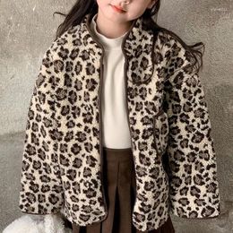 Down Coat Girls' Leopard Print Fur One Piece 2023 Autumn And Winter Children's Clothing Standing Collar Lamb Hair Outewear 4-75