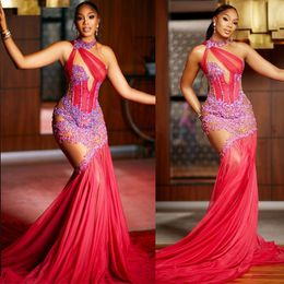 Pink One Shoulder Evening Dresses Halter Appliqued Beaded Mermaid Tulle Rhinestone African Prom Dress Second Reception Gowns Club Graducation Formal Engagement