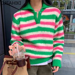 Women's Sweaters KUSAHIKI Korea Chic Autumn Winter Turn-down Collar Pullover Knitwear Colorful Striped Soft Causal Long Sleeve Sweater Women