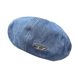 Beret Washed Cotton Denim Beret Hatin Spring Autumn Fashion Versatile Metal Label Pumpkin Casual Street Painter Hat 231101