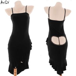 Ani Women Sexy Buttocks Love Hollow Black Spaghetti Strap Dress Costume Hot Nightdress Pamas Cosplay cosplay