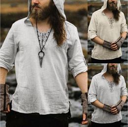 Ethnic Clothing Retro Medieval Pirate Viking Cosplay V-neck Shirt Vintage Casual Male Hooded Knight Linen Renaissance Tunic Bandage T-shirt