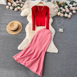 Work Dresses Spring And Autumn Small Fragrance Mid-length Fishtail Hip Skirt Pearl Halter Neck Long-sleeved Knitwear Two Suit Trend