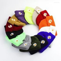 Berets Casual Knitted Women's Hat Fashion Daisy Flower Embroidery Beanies Autumn Winter Caps For Men Keep Warm Skullcap