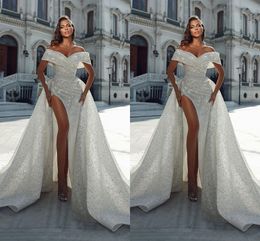 Dubai Arabic Sparkly Plus Size Mermaid Wedding Dresses For Bride Off Shoulder Draped Pleats High Side Split Court Train Bridal Gowns vestidos de novia Custom