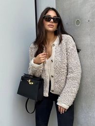 Women's Jackets Fashion Lamb Wool Short Coats For Women Solid O-neck Single Breasted Long Sleeve Jackets Autumn Office Lady Commuting Coat 231101