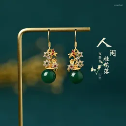 Stud Earrings Shining Flower Vintage Luxury Gold Colour For Women With Green Round Beads Aesthetic Wedding Jewellery Delicate Gift