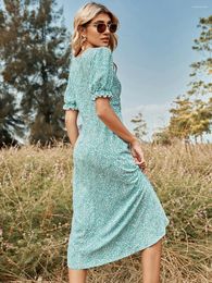 Party Dresses Woman Button Sexy Sweet Beach Green Floral Vintage Dress V-Neck Retro Rural Summer Casual Puff Sleeve 2023 Boho Clothing