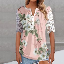 Women's Blouses 2023 Flower Print Shirts Women Sexy Short Sleeve Lace Patchwork Summer T-Shirt V Neck Loose Tee Tops