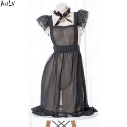 Ani Anime Maid Bell Apron Dress Uniform Temptation Lingerie Costume Black Chiffon Nightdress Underwear Clothes cosplay