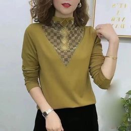 Women's T Shirts Women Middle Elderly Aged Drilling Pure Cotton Zigzag Shape Hollow Out High Collar Bright Silk Thread T-Shirts Slim Basic