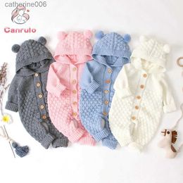 Jumpsuits 2020 Autumn Winter Newborn Sweater Baby Boy Girl Clothes Romper Bear Ear Knit Hooded Jumpsuit Outfit ClothingL231101