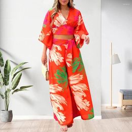Women's Two Piece Pants Trendy Casual Outfit 3D Cutting Half Sleeve Soft Office Lady Floral Print Crop Top Wide Leg Set Printing Workwear