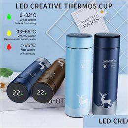 Water Bottles Water Bottles 500Ml Smart Insation Cup Bottle Led Digital Temperature Display Stainless Steel Thermal Mugs Intelligent C Dhqzh