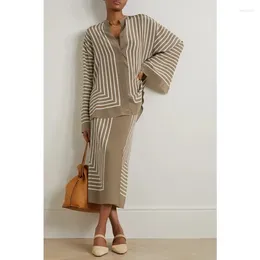 Women's Two Piece Pants EOS Brand Set Of Grey And Brown Striped Silk Shirt Half-body Skirt Wide-legged High Quality