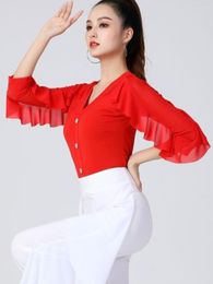 Stage Wear Solid Colour Ballet Ballroom Festival Tops Women Carnival Costumes Classical Dance Practise Button Modern Pole Ruffle Shirt