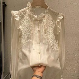 Women's Blouses European Fashion 2023 Spring Summer High-end Heavy Industry Top Stand Collar Button Embroidery Silk Shirt Woman