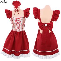 Ani Anime Gilr Red Lolita Uniform Costumes Women Back Big Bow Maid Dress Outfit Cosplay cosplay