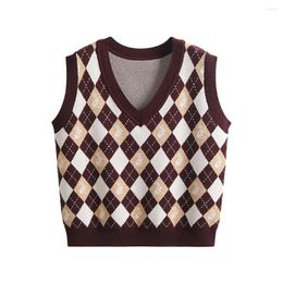 Women's Tanks Summer Spring Straight Argyle Plaid Knitted Fabric Tank Top Women Fashion Casual V-Neck SleevelessCoffee Green Ladies Clothes